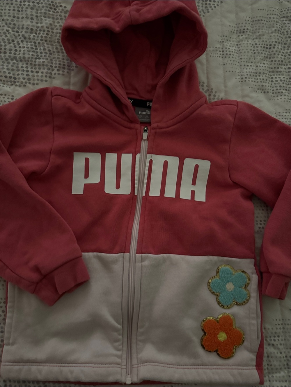 Puma Girls Pink and White Zip Hoodie with Flower Patches